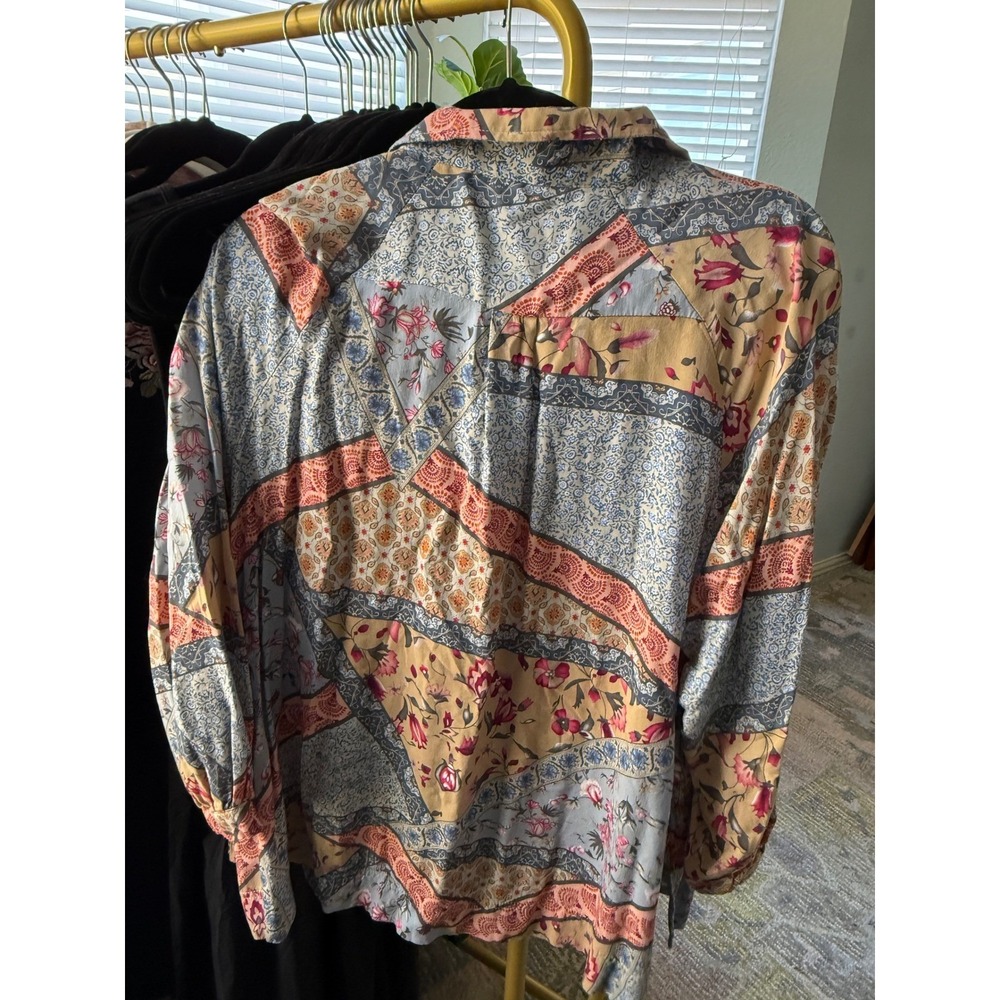 Christian Siriano Patchwork Floral Boho Blouse Women's Button Front Romantic Top - Picture 4 of 8